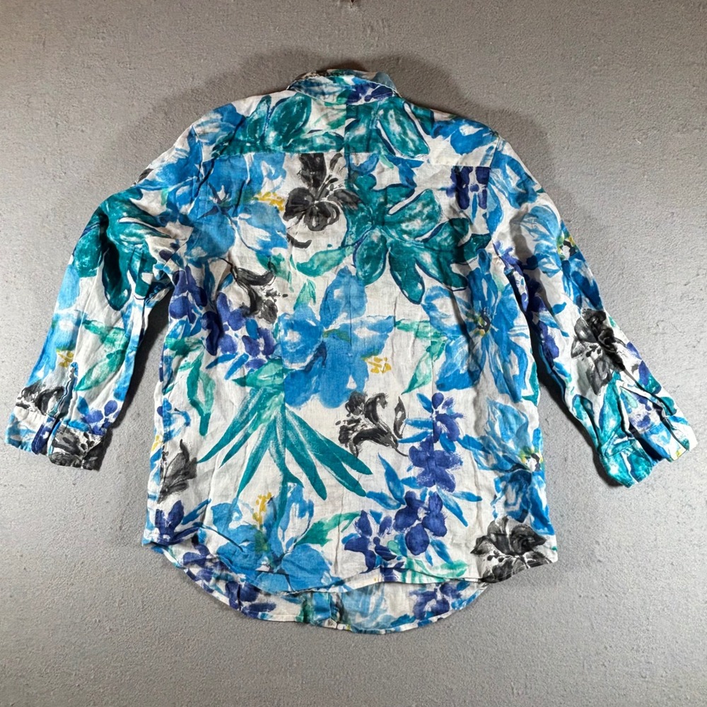 Lauren Ralph Lauren Blue Floral 100% Linen Button Down Shirt Large Tropical - Picture 3 of 9